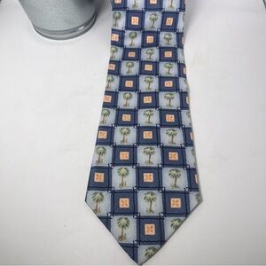 Tommy Bahama Vintage Palm Tree Silk Neck Tie Blue & Peach Squares Preppy‎ Beach